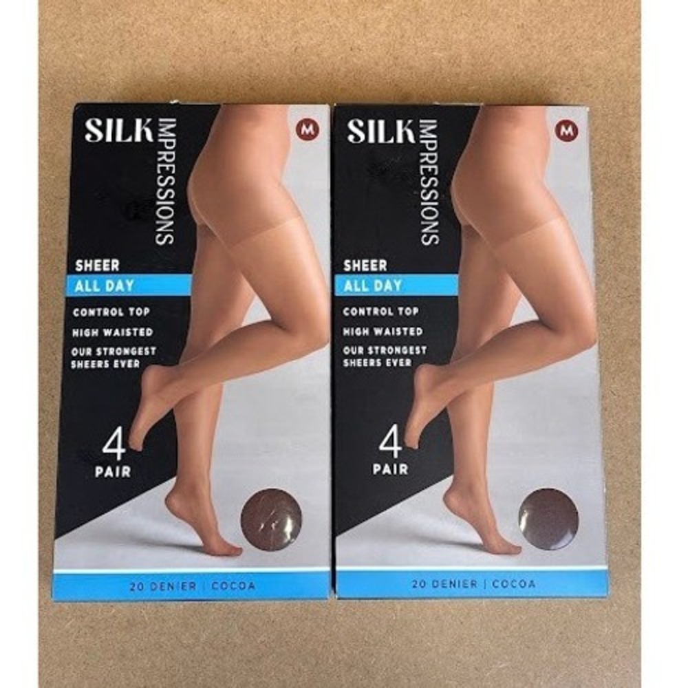 2 Silk Impressions Sheer All Day Control Top Pantyhose Cocoa M 20 Denier 4 Pair‎